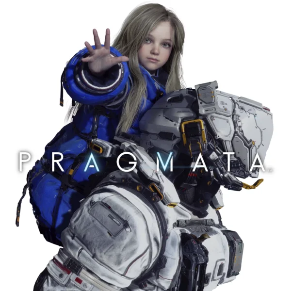 Portada de Pragmata Standard Edition de Capcom, con Diana extendiendo la mano sobre la espalda de Hugh, quien aparece con traje espacial futurista y casco tecnológico.