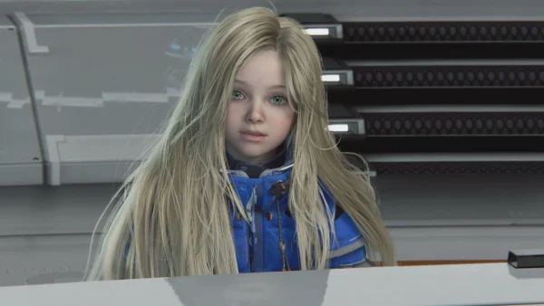 Diana, una androide de cabello rubio y ojos claros, aparece sentada en un entorno futurista.