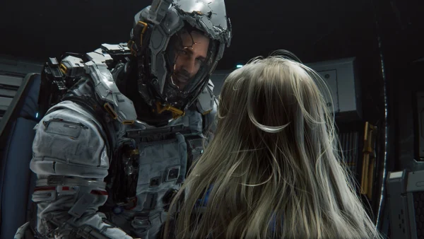 Hugh, con traje espacial, mira de cerca a Diana durante una escena narrativa de Pragmata.