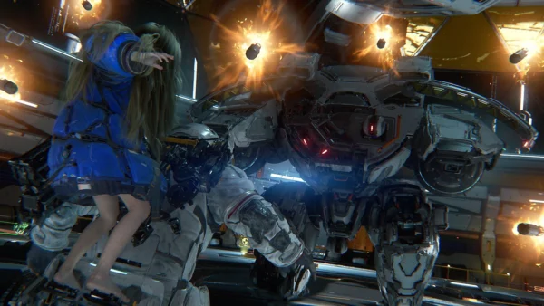 Hugh y Diana se enfrentan a un enorme robot de combate dentro de una estación futurista.