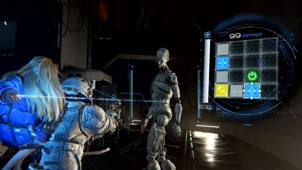 Hugh apunta su arma a un androide enemigo mientras Diana ejecuta un hackeo en la interfaz holográfica de combate.