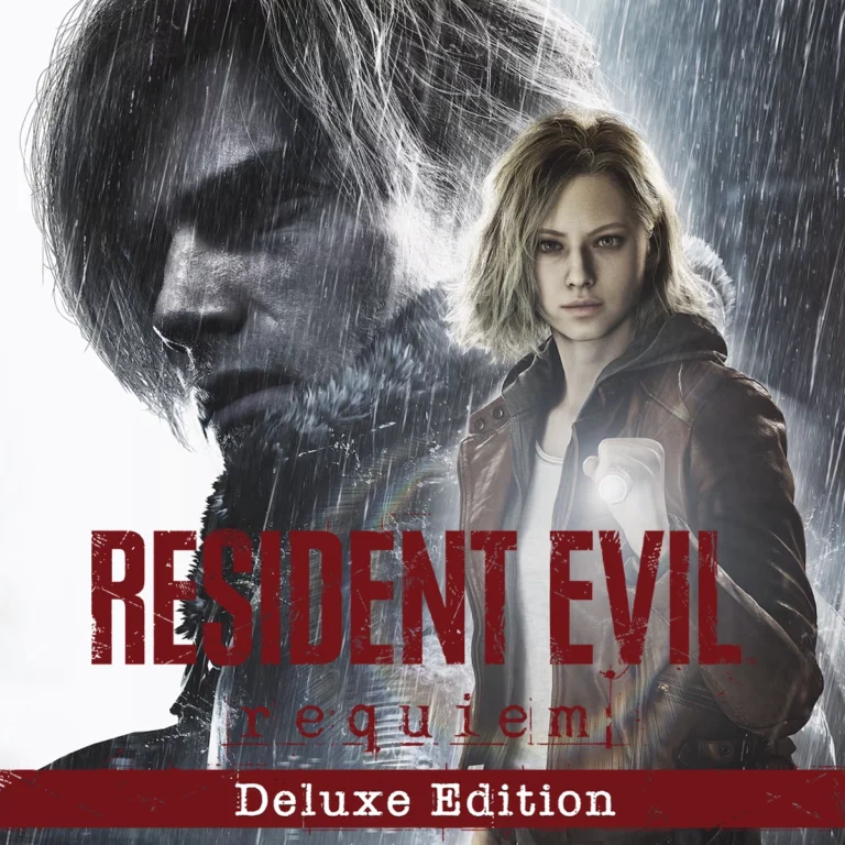 Portada Deluxe Edition de Resident Evil Requiem, con Grace Ashcroft sosteniendo una linterna y la silueta de Leon S. Kennedy de fondo bajo la lluvia.