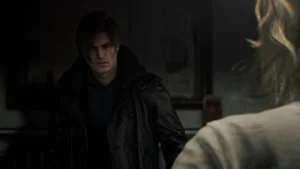 Leon S. Kennedy aparece en una sala oscura frente a Grace Ashcroft durante una escena narrativa.