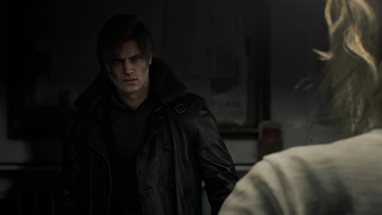 Leon S. Kennedy aparece en una sala oscura frente a Grace Ashcroft durante una escena narrativa.