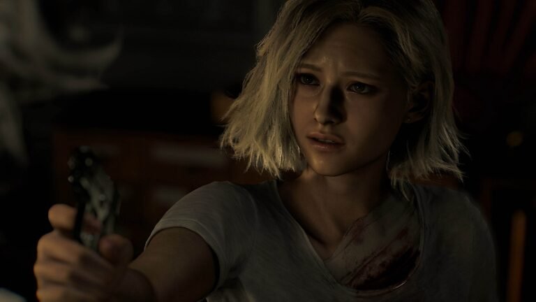 Grace Ashcroft apunta con una pistola mientras aparece herida y visiblemente aterrada en una escena oscura.